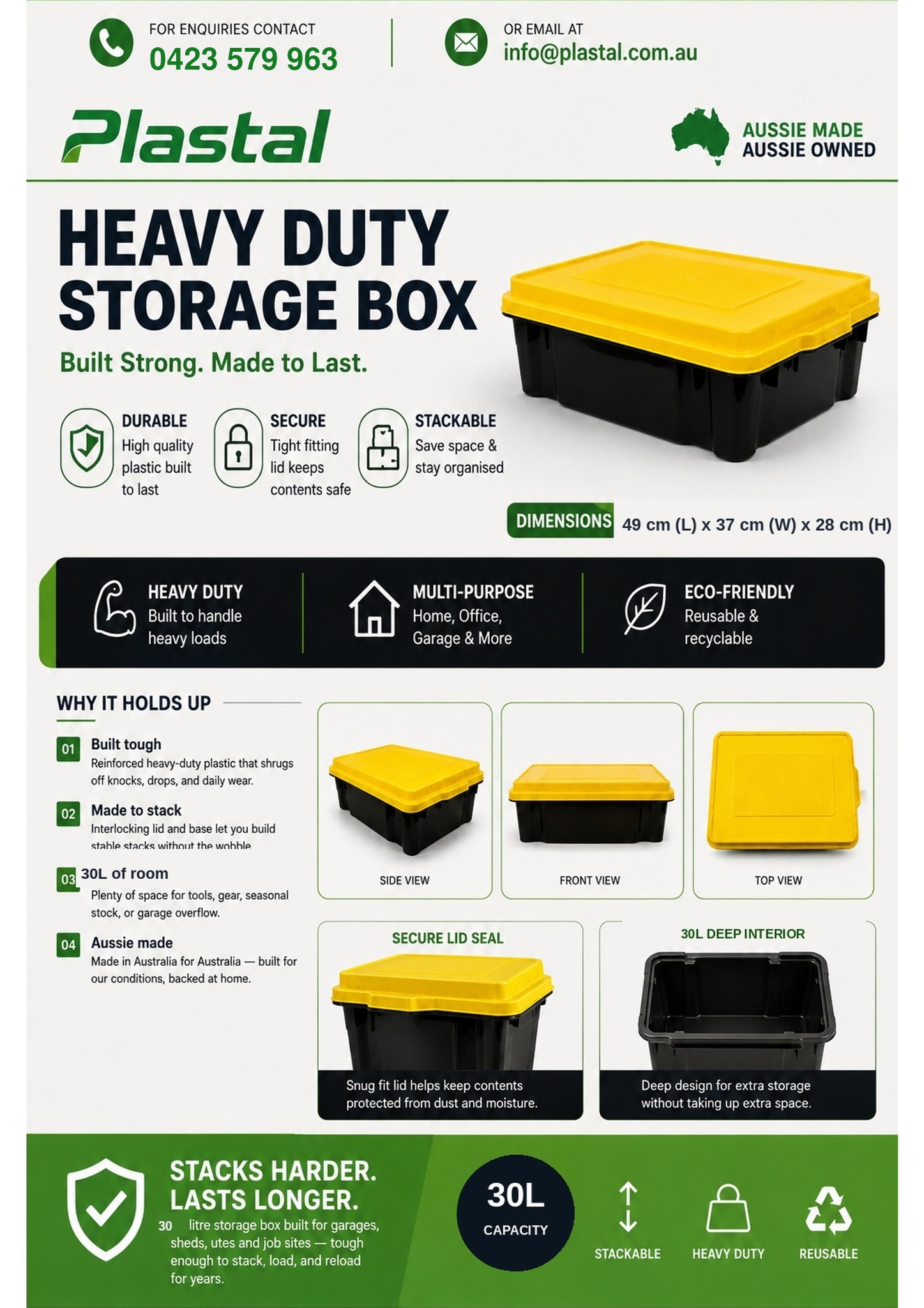 Detailed features and dimensions of the Plastal 30 litre storage box