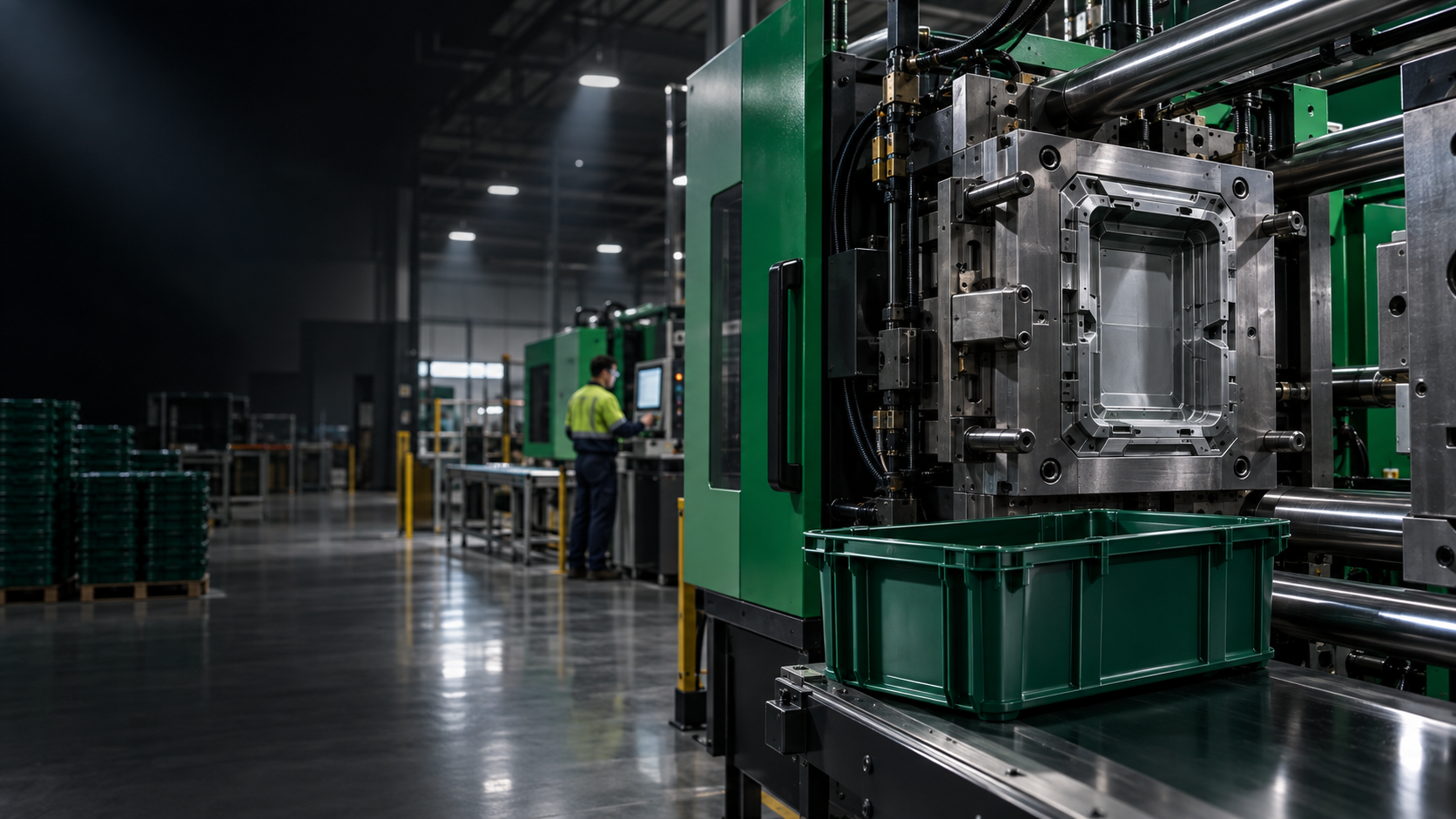 Modern injection moulding machine producing a green polymer storage component