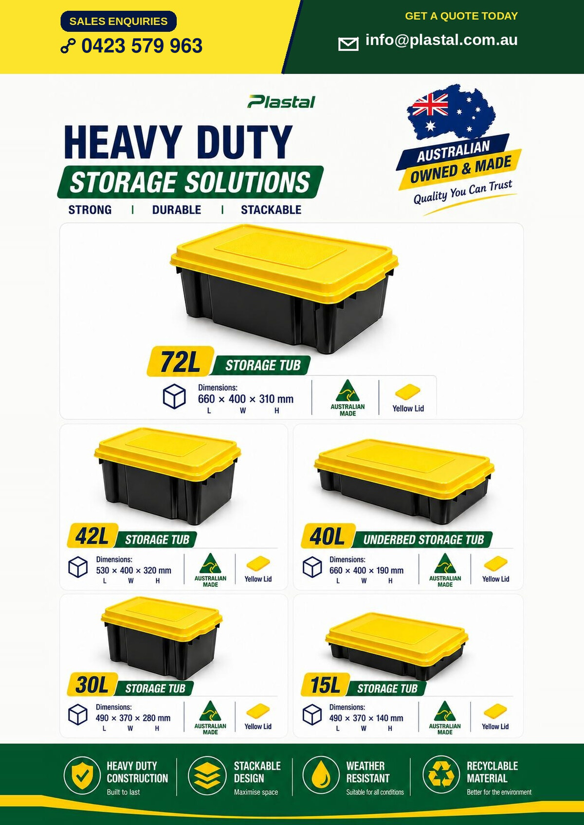 Plastal storage range showing 72, 42, 40, 30 and 15 litre tubs